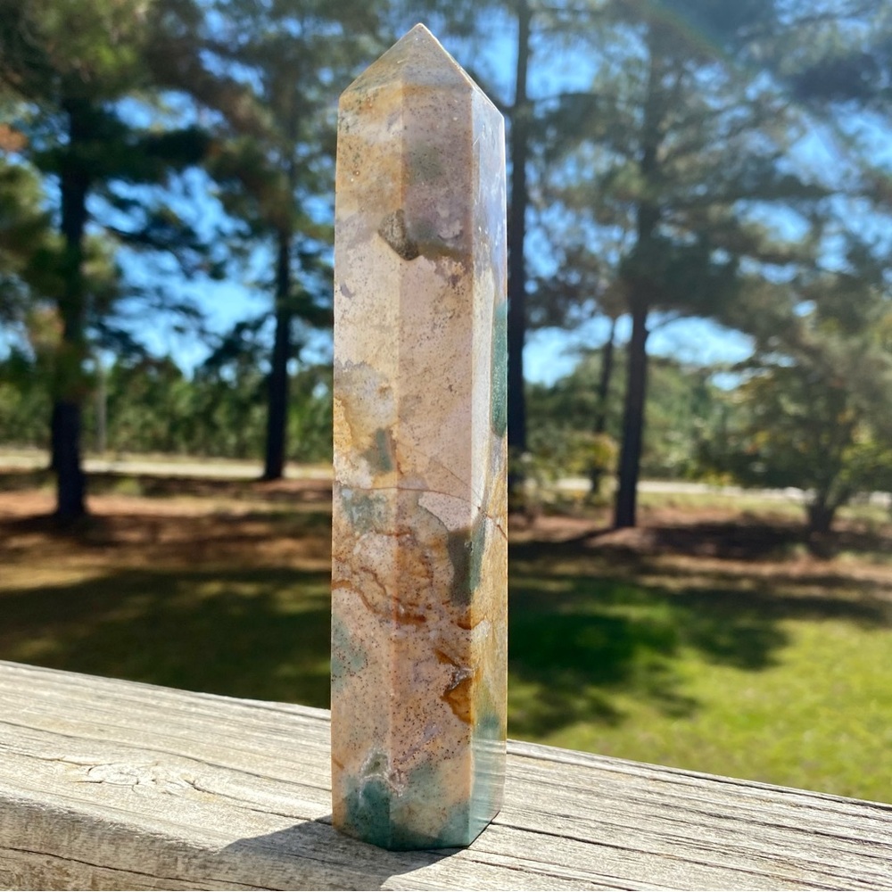 Insane Polished Multicolored Ocean Jasper Tower with Druzy + Natural Inclusions